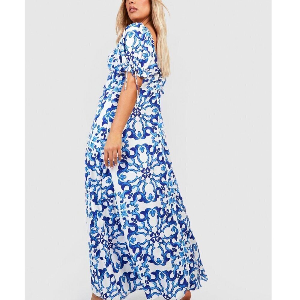 Boohoo Porcelain Print Puff Sleeve Maxi Dress - NWT - Size 16 - Picture 3 of 9